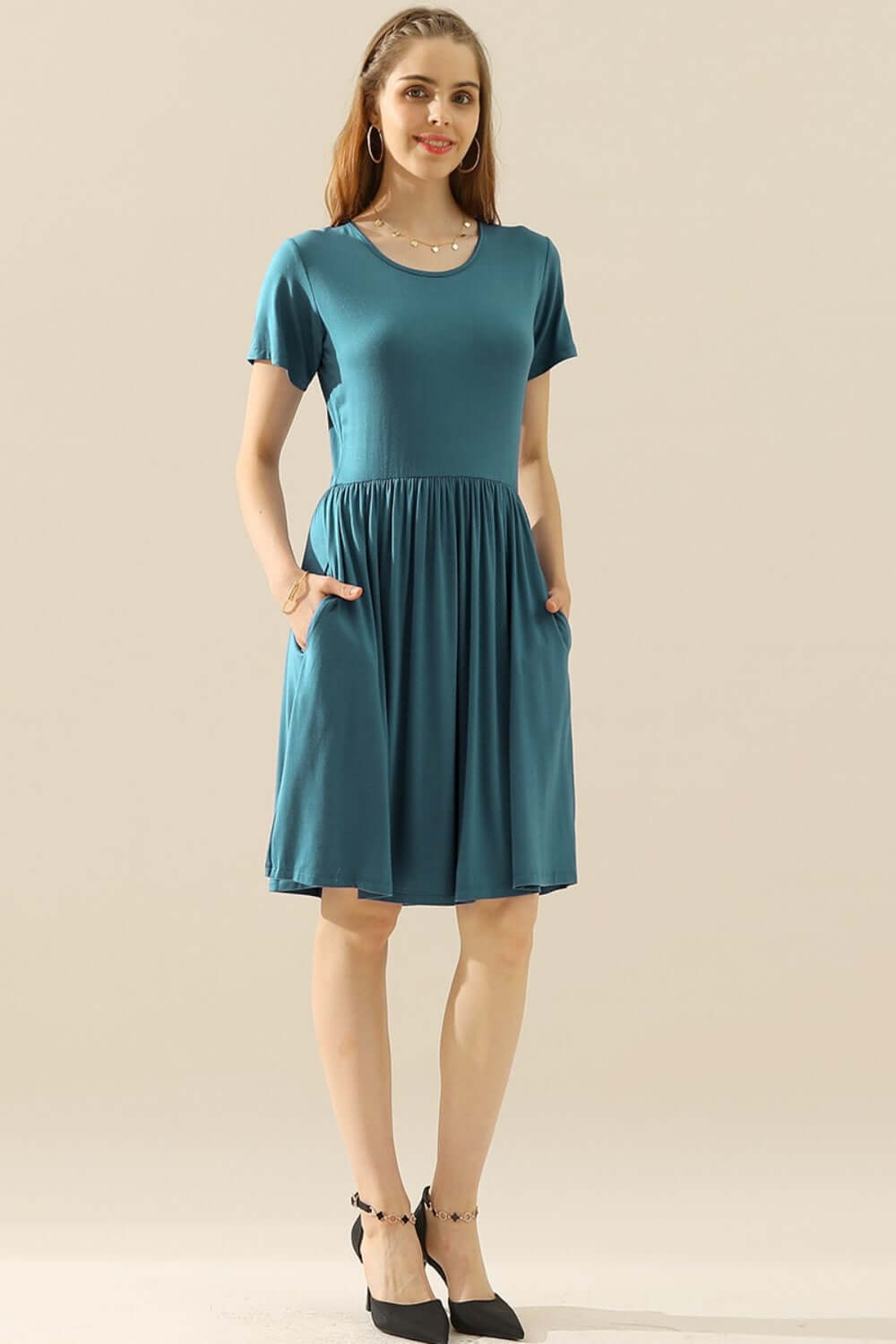 NINEXIS Full Size Round Neck Ruched Dress with Pockets at Bella Road