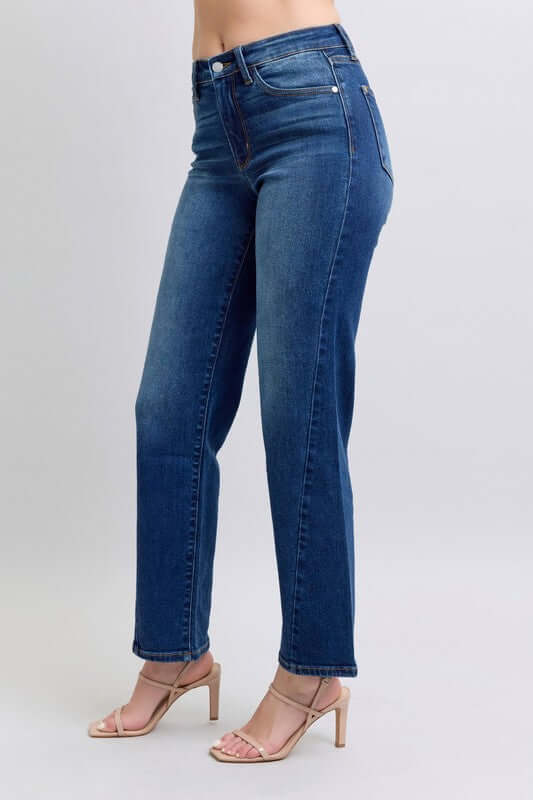 Judy Blue full-size straight jeans with side seam detail and pockets, styled with heels for a chic look.