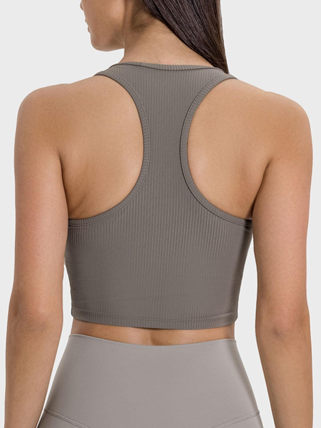 Back view of the Millennia Scoop Neck Wide Strap Active Tank in a stylish taupe color, showcasing its comfortable design.