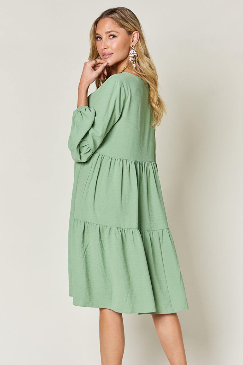 DOUBLE TAKE Full Size V-Neck Balloon Sleeve Tiered Dress at Bella Road