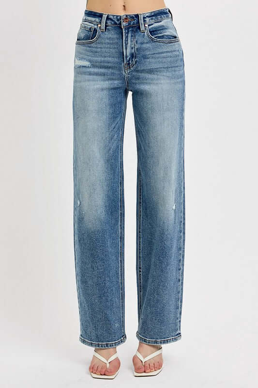 Full size distressed wide leg jeans for plus size, offering a relaxed and trendy look, perfect for casual outfits.