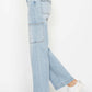 High waist straight cargo jeans by Judy Blue Jeans with multiple pockets, light denim color, and comfortable fit, paired with white sneakers.