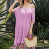 Eyelet Fringe Hem Longline Knit Cover Up - Fuchsia Pink