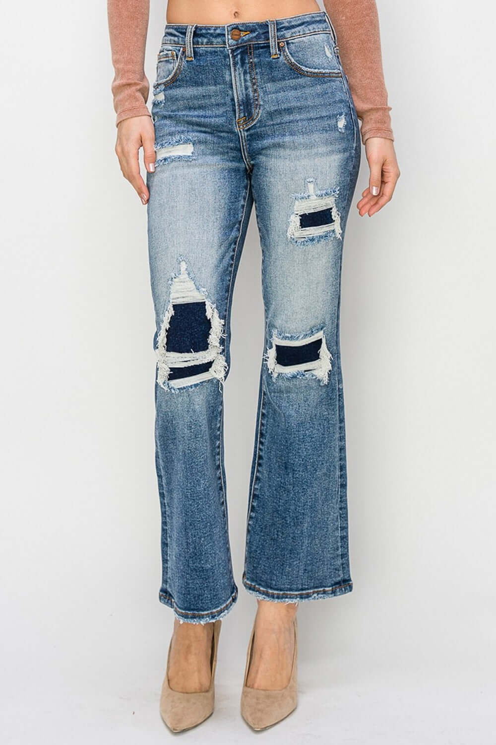 High Rise Distressed Ankle Flare Risen Jeans for Petite with Chic and Trendy Look, Featuring High Rise Fit and Flattering Flare Cut