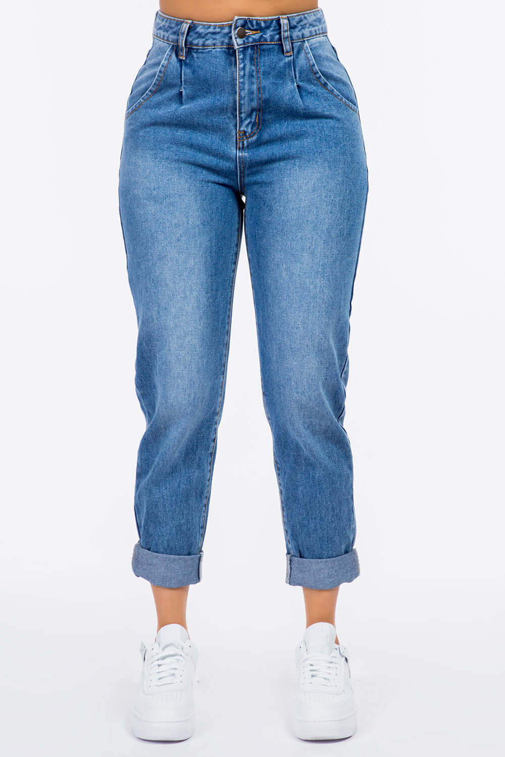 High Waist Pleated Waist Mom Jeans with button closure and rolled cuffs