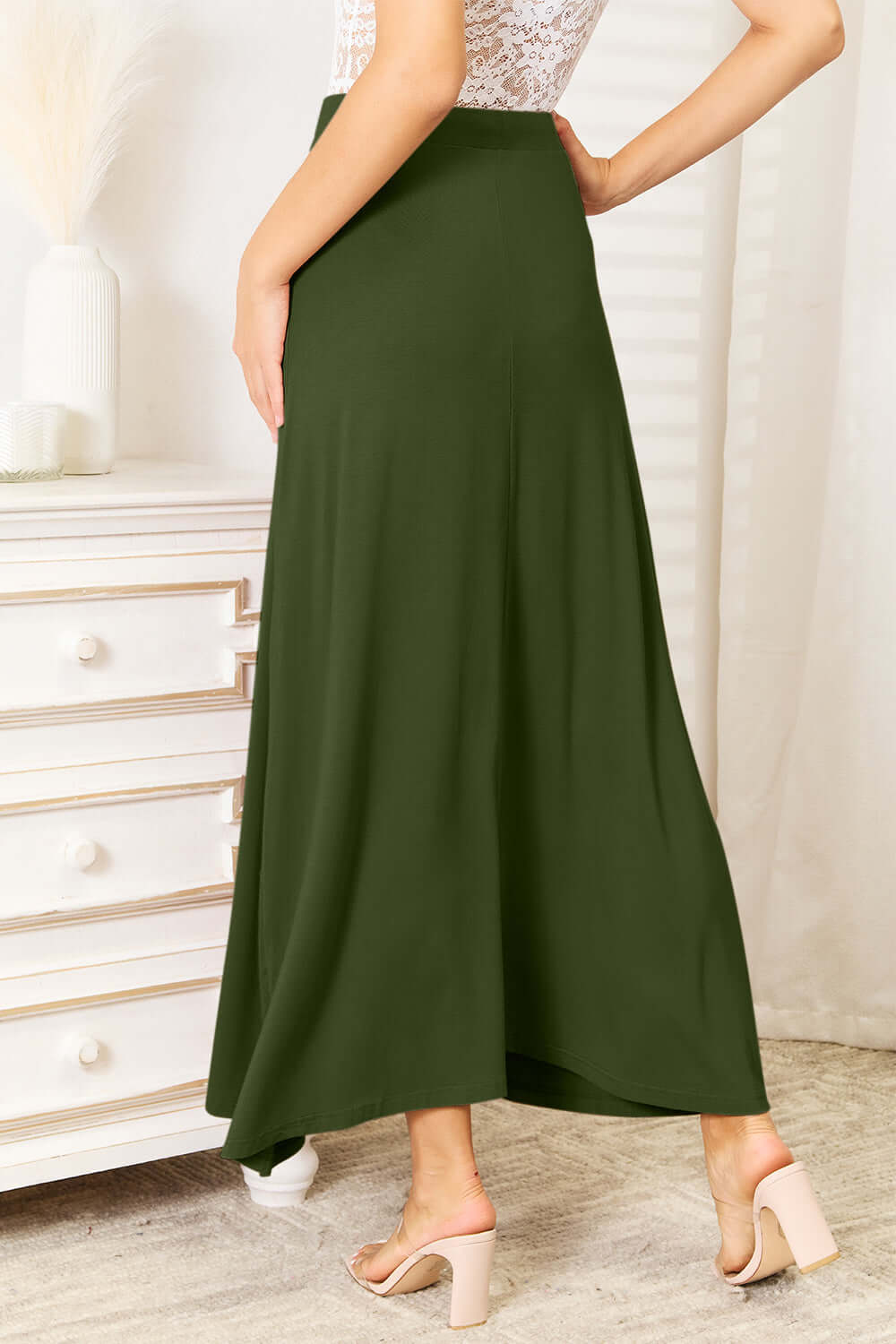 DOUBLE TAKE Full Size Soft Rayon Drawstring Waist Maxi Skirt Rayon at Bella Road