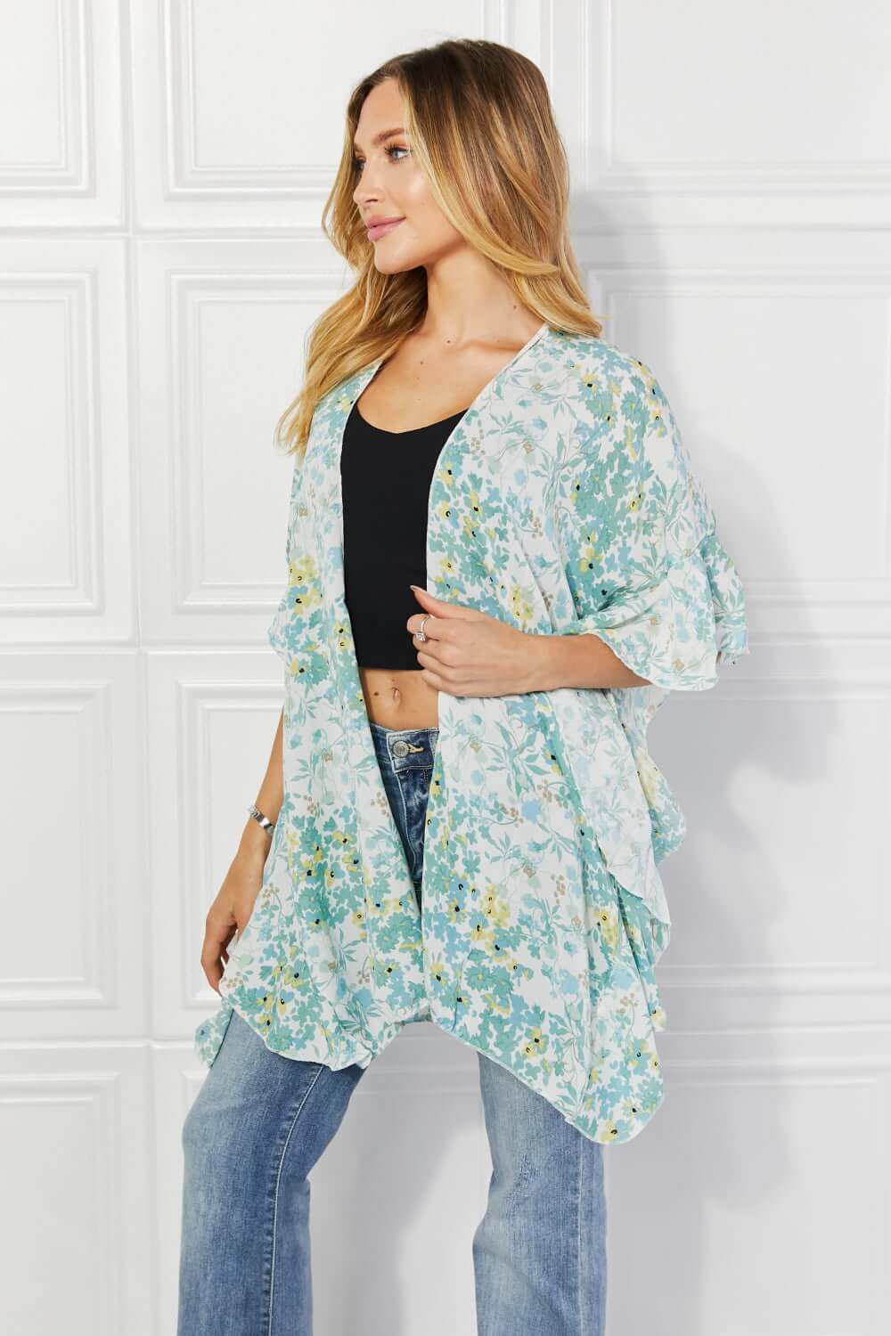 JUSTIN TAYLOR Fields of Poppy Floral Kimono in Green at Bella Road