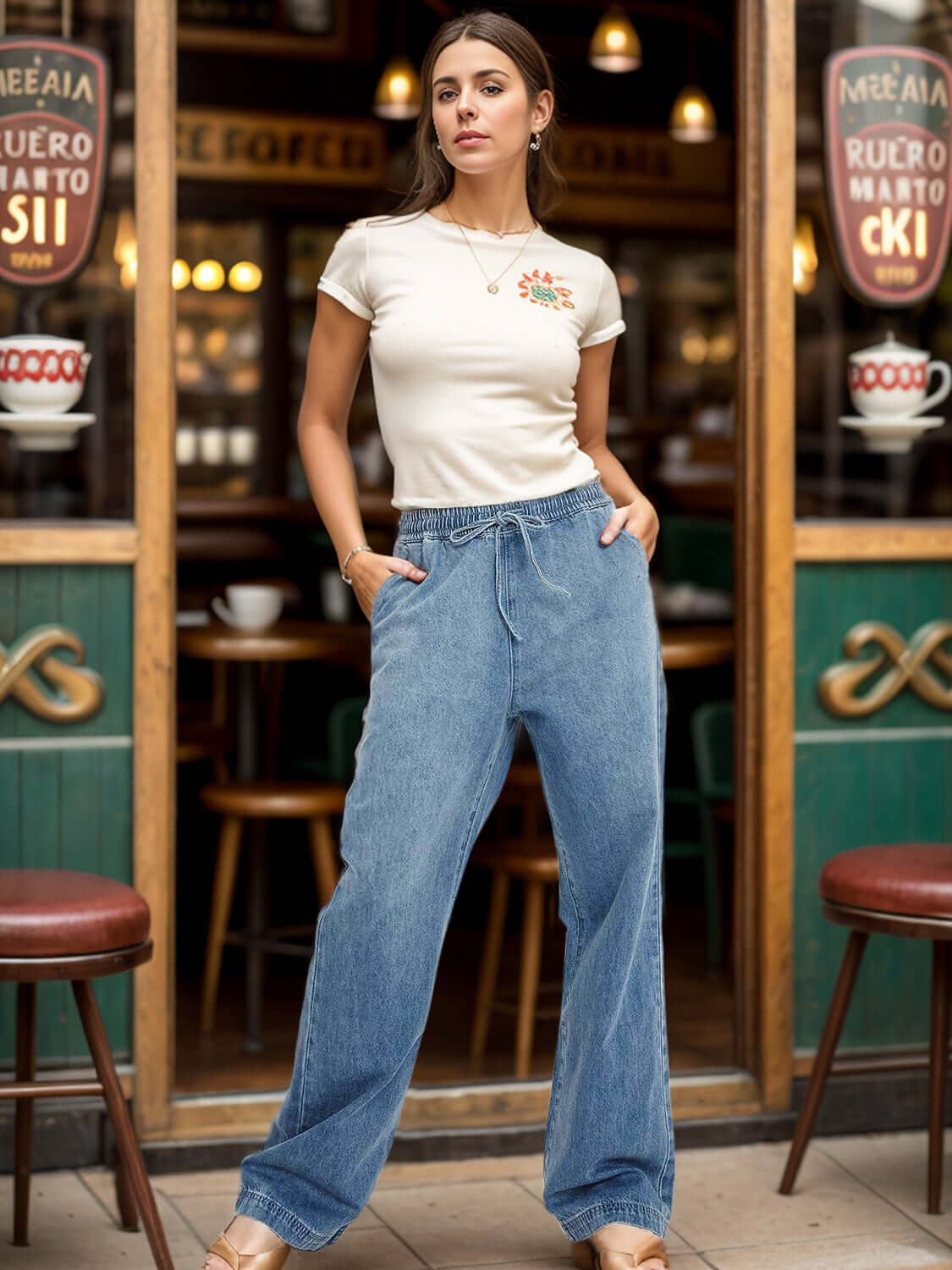 Woman wearing drawstring straight jeans with pockets outside a cafe