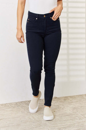 Woman wearing Garment Dyed Tummy Control Skinny Jeans-Judy Blue Jeans-full size, flattering and slimming fit