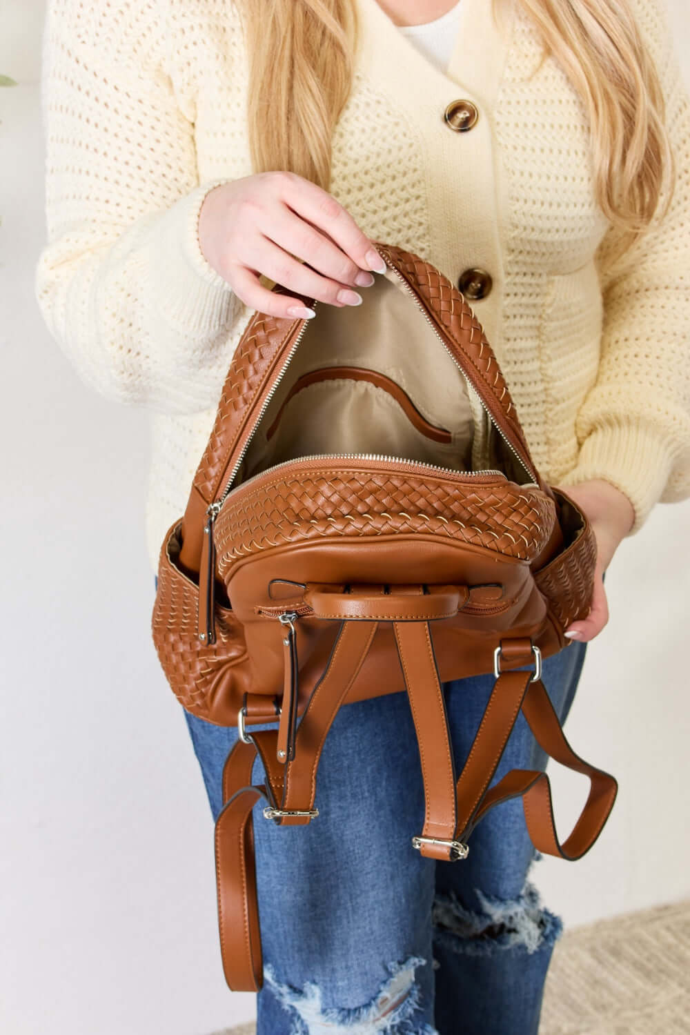 SHOMICO PU Leather Woven Backpack at Bella Road