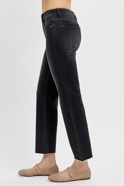 Side view of RISEN Tummy Control Mid Rise Crop Straight Jeans, showcasing modern cropped length and straight leg style.