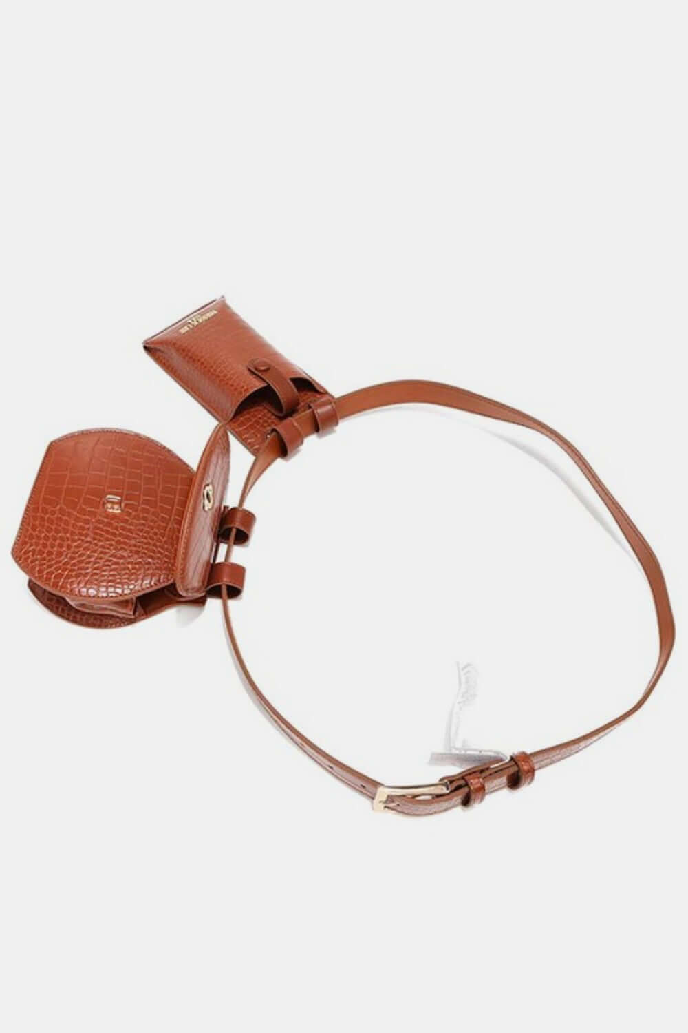 Nicole Lee USA 2 Piece Texture Belt Bag in brown vegan leather with adjustable belt and removable phone and messenger pouches.