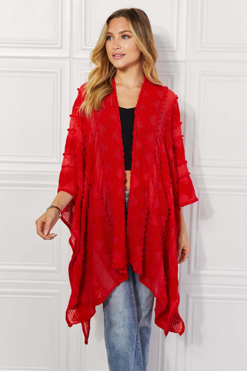 JUSTIN TAYLOR Pom-Pom Asymmetrical Poncho Cardigan in Red at Bella Road