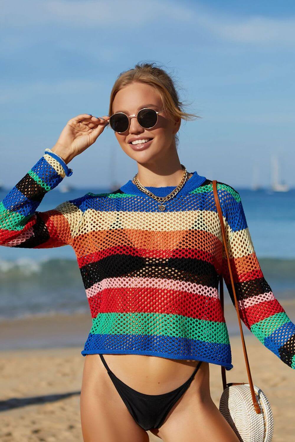 BELLA ROAD Rainbow Stripe Openwork Long Sleeve Cover-Up at Bella Road