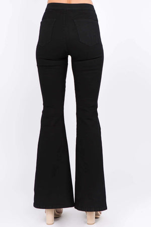 Black American Bazi Side Slit Flare Jeans with high-waisted design, rear view showcasing modern style and flattering fit.