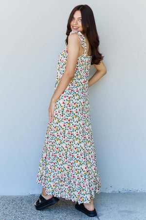 DOUBLJU In The Garden Ruffle Floral Maxi Dress in Natural Rose at Bella Road