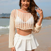 Openwork Boat Neck Long Sleeve Cover-Up - Tan