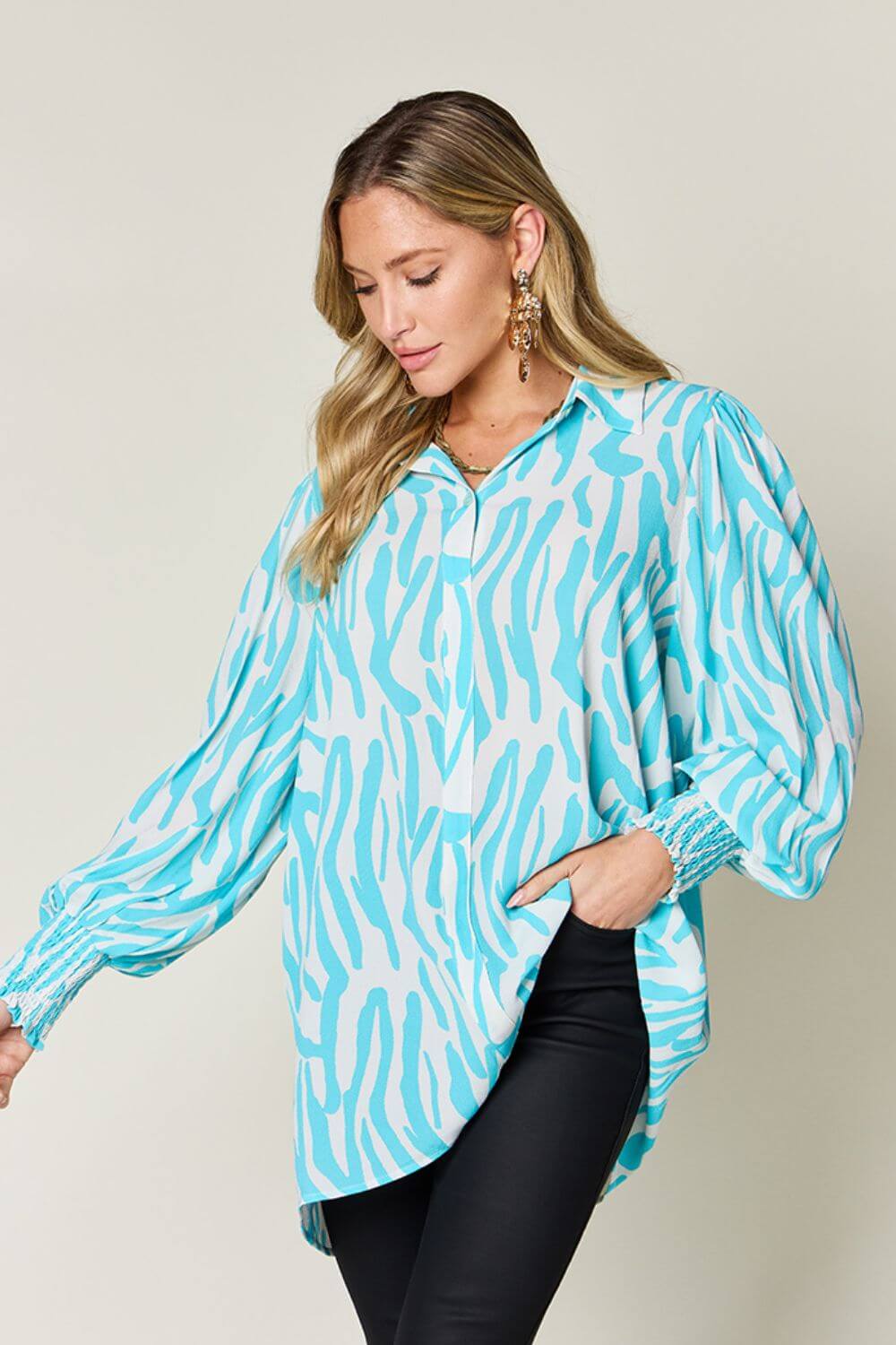 DOUBLE TAKE Full Size Printed Smocked Long Sleeve Blouse at Bella Road