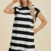 Basic Bae Full Size Striped Round Neck Cap Sleeve Mini Dress - Black