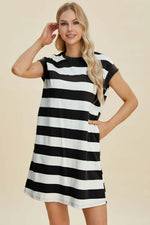 Woman wearing Basic Bae Full Size Striped Round Neck Cap Sleeve Mini Dress, black and white stripes, standing and smiling