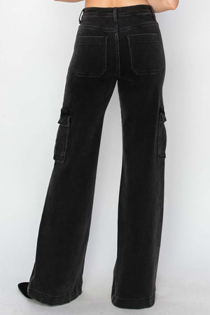 Back view of black high-rise wide leg cargo jeans with cargo pockets from Risen Jeans.