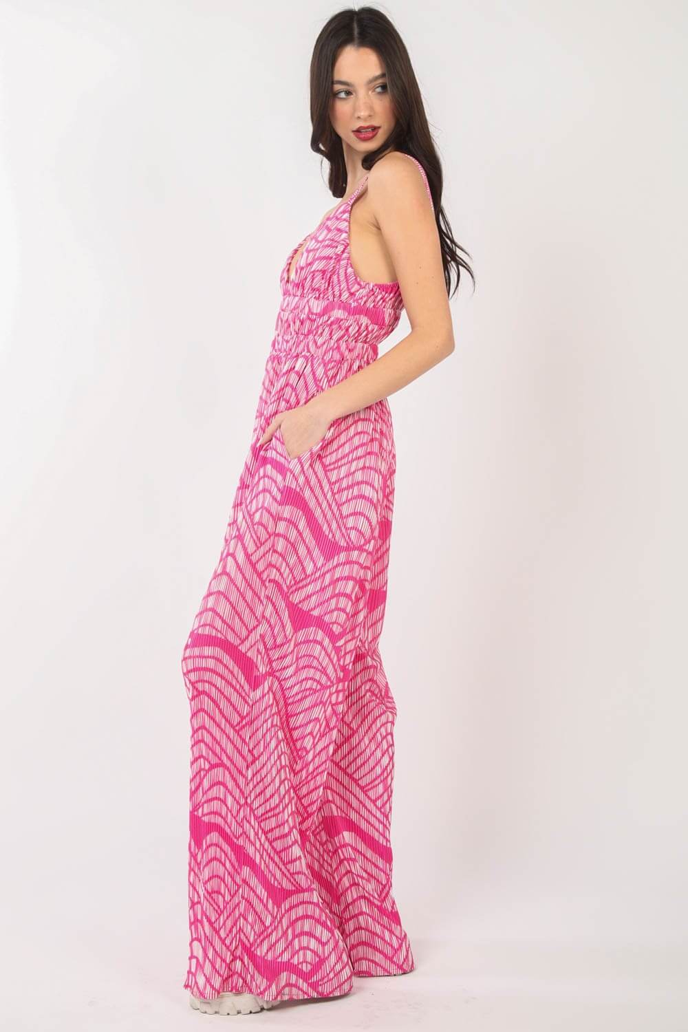 VERY J Printed Pleated Sleeveless Wide Leg Jumpsuit at Bella Road