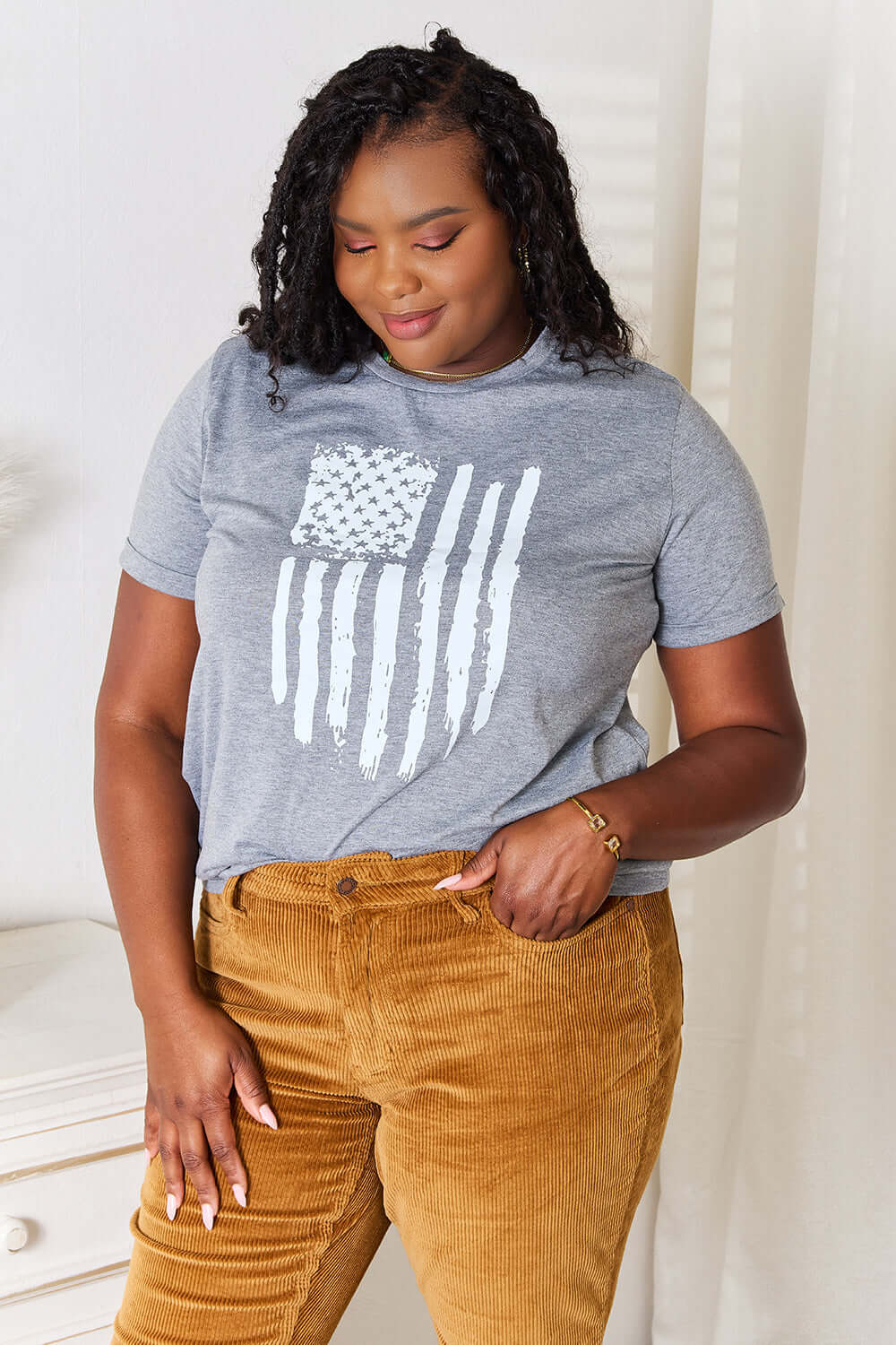 SIMPLY LOVE US Flag Graphic Cuffed Sleeve T-Shirt at Bella Road