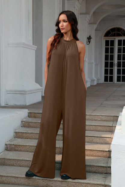 DOUBLE TAKE Full Size Tie Back Cutout Sleeveless Jumpsuit at Bella Road