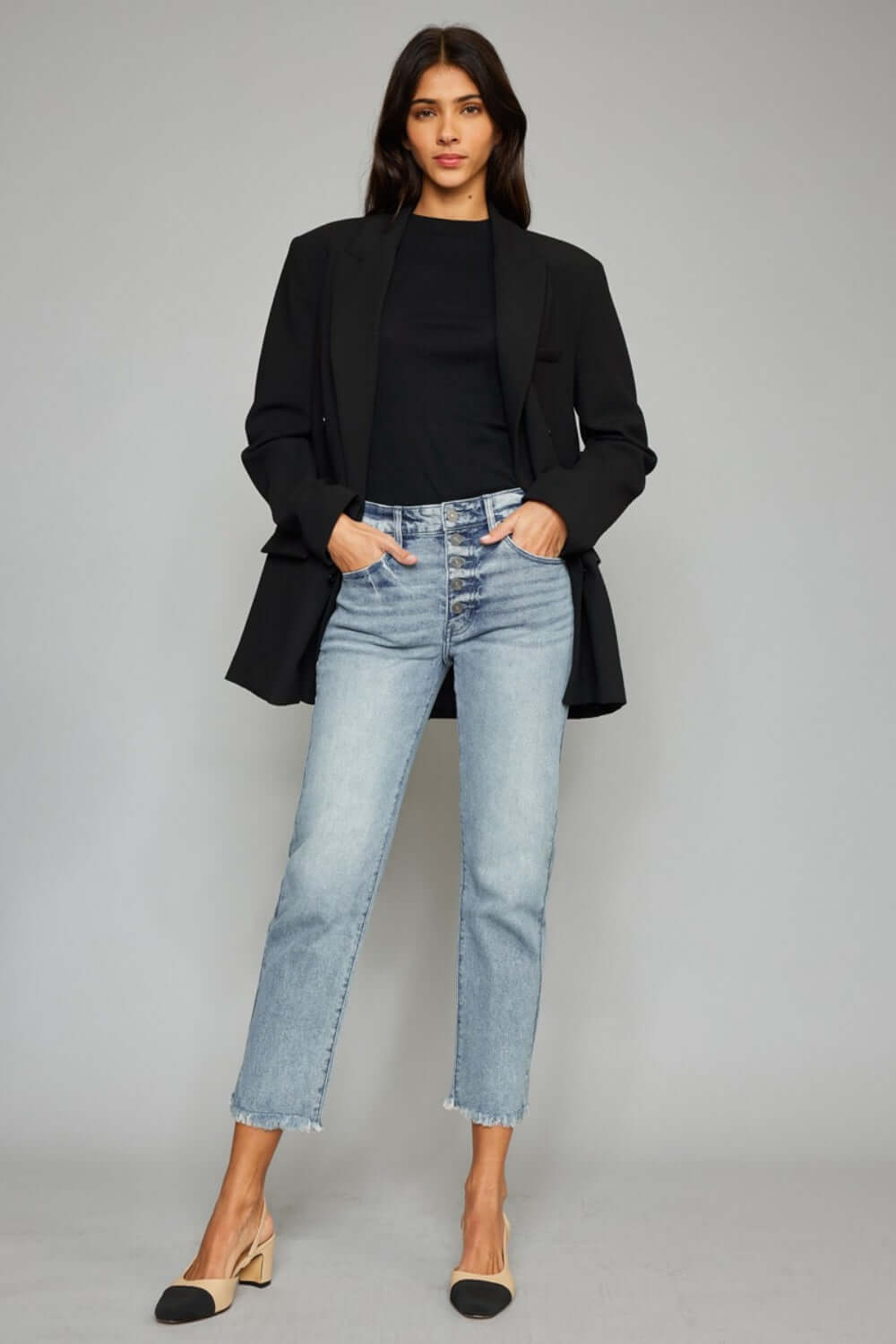 High Waist Button Fly Raw Hem Cropped Straight Jeans styled with a black top and blazer, featuring a chic and trendy vintage-inspired look.