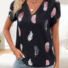 Printed V-Neck Short Sleeve Blouse - Black