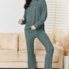 Ribbed Drawstring Hooded Top and Straight Pants Set - Deep Teal