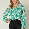 Printed Ruffle Trim Balloon Sleeve Shirt | Full Size - Mid Green