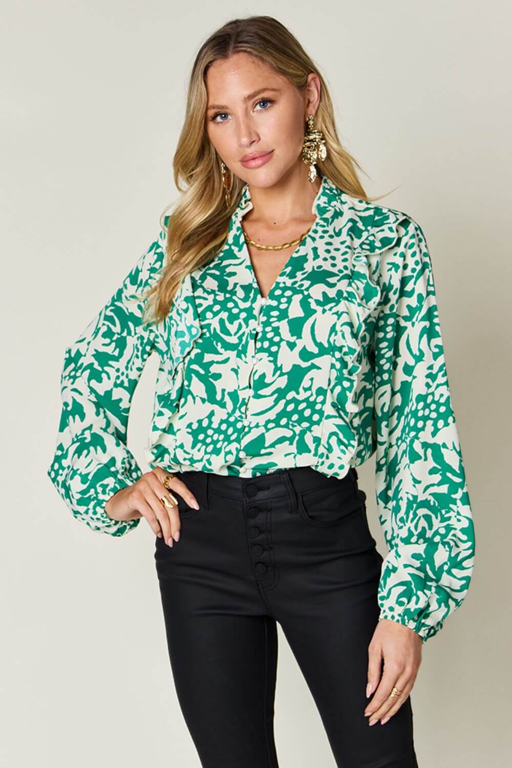 DOUBLE TAKE Full Size Printed Ruffle Trim Balloon Sleeve Shirt at Bella Road