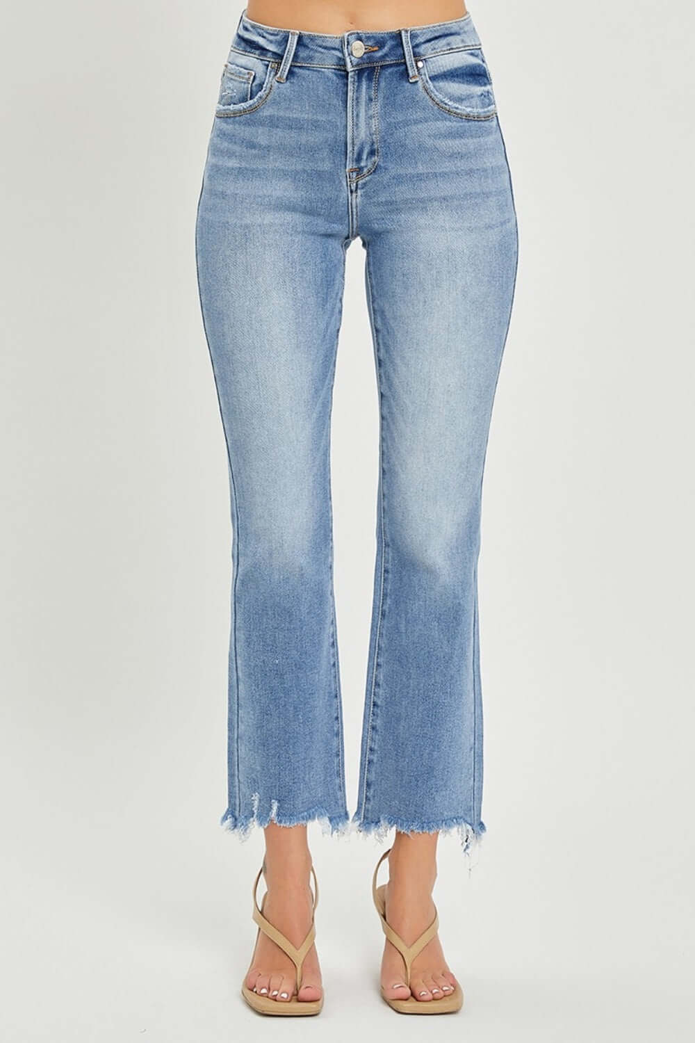 Frayed hem cropped straight Risen Jeans - trendy casual chic style showcasing favorite sandals.