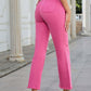 Woman wearing pink raw hem high waist bootcut jeans with slight stretch and pockets, back view