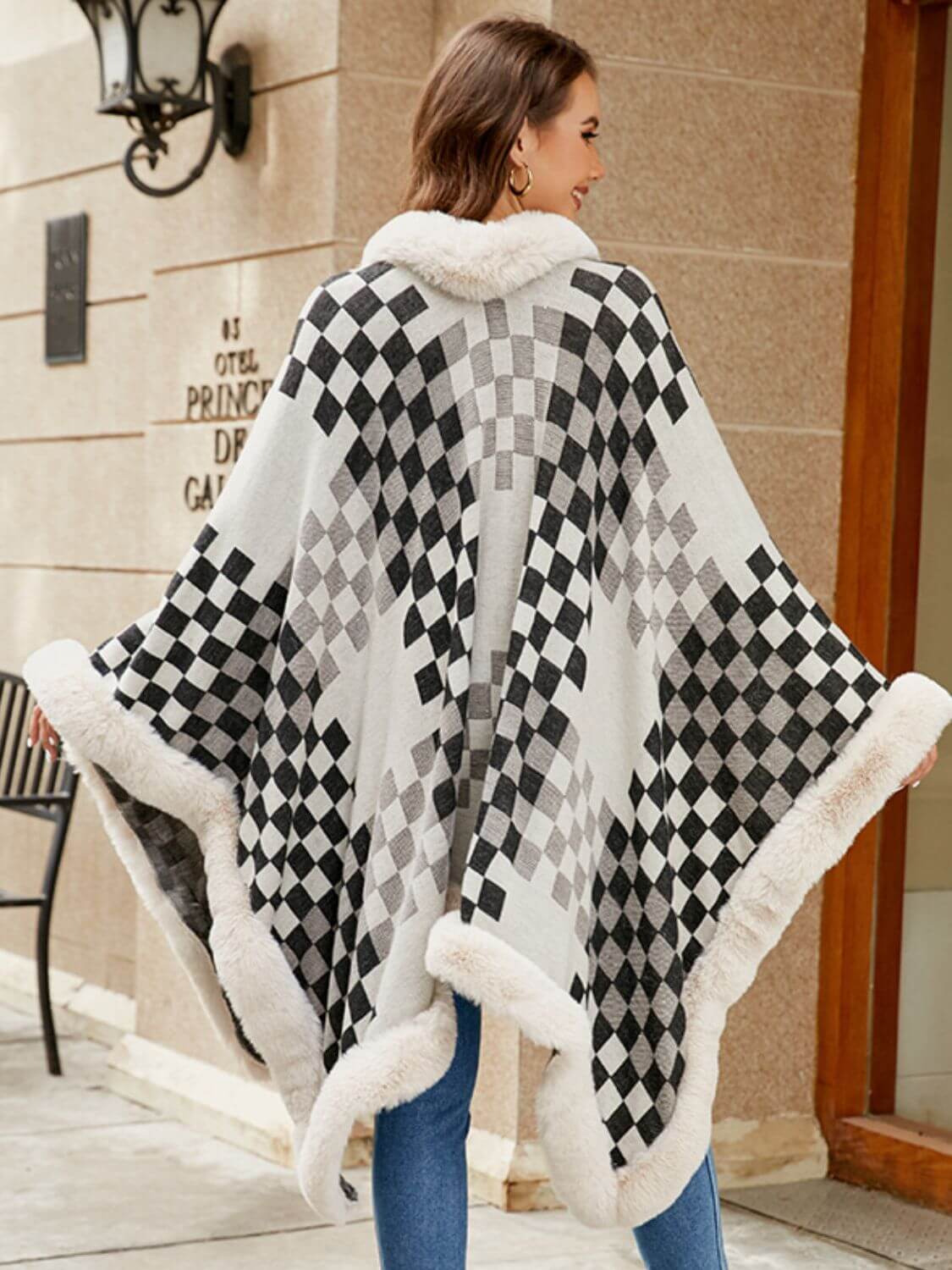 Cozy Bella Road Fuzzy Checkered Long Sleeve Poncho with stylish fur trim, perfect for fall layering and warmth.