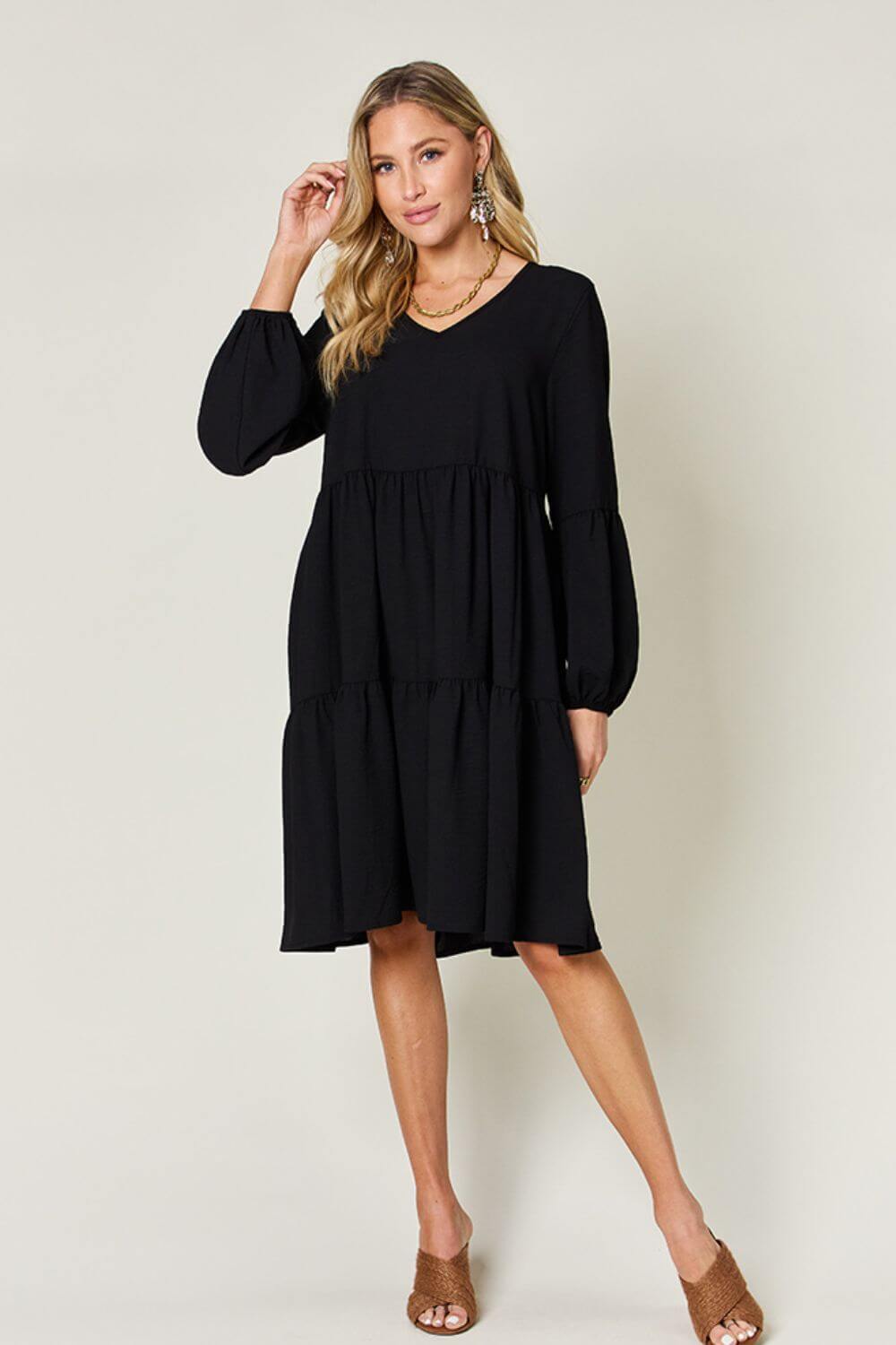 DOUBLE TAKE Full Size V-Neck Balloon Sleeve Tiered Dress at Bella Road