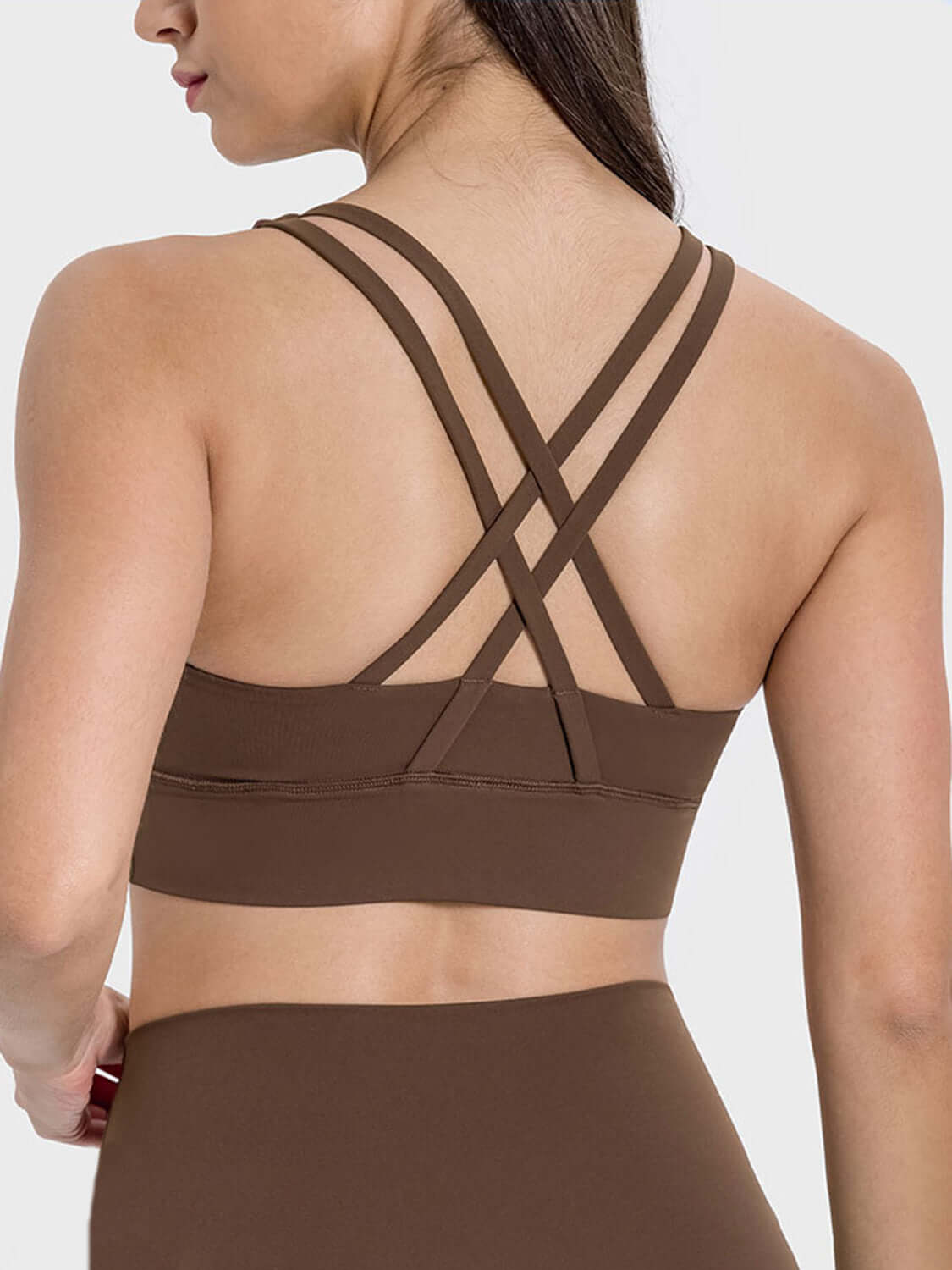 Stylish crisscross back of Millennia Active Tank in brown, perfect for workouts with comfort and flair.