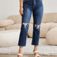 Woman wearing Crop Dylan Full Size Tummy Control Distressed High Waist Raw Hem Jeans by RFM Jeans