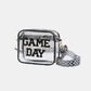 Transparent Game Day crossbody bag with glittered trim and stylish strap, ideal for stadium events and easy security checks.