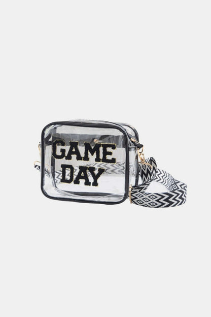 Transparent Game Day crossbody bag with glittered trim and stylish strap, ideal for stadium events and easy security checks.