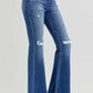 Trendy high rise distressed raw hem flare jeans with retro vibe and modern edge, perfect for stylish outfits.