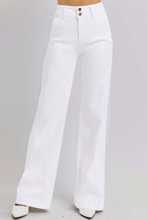 Stylish white wide leg jeans with double button tummy control and chic high-rise design.