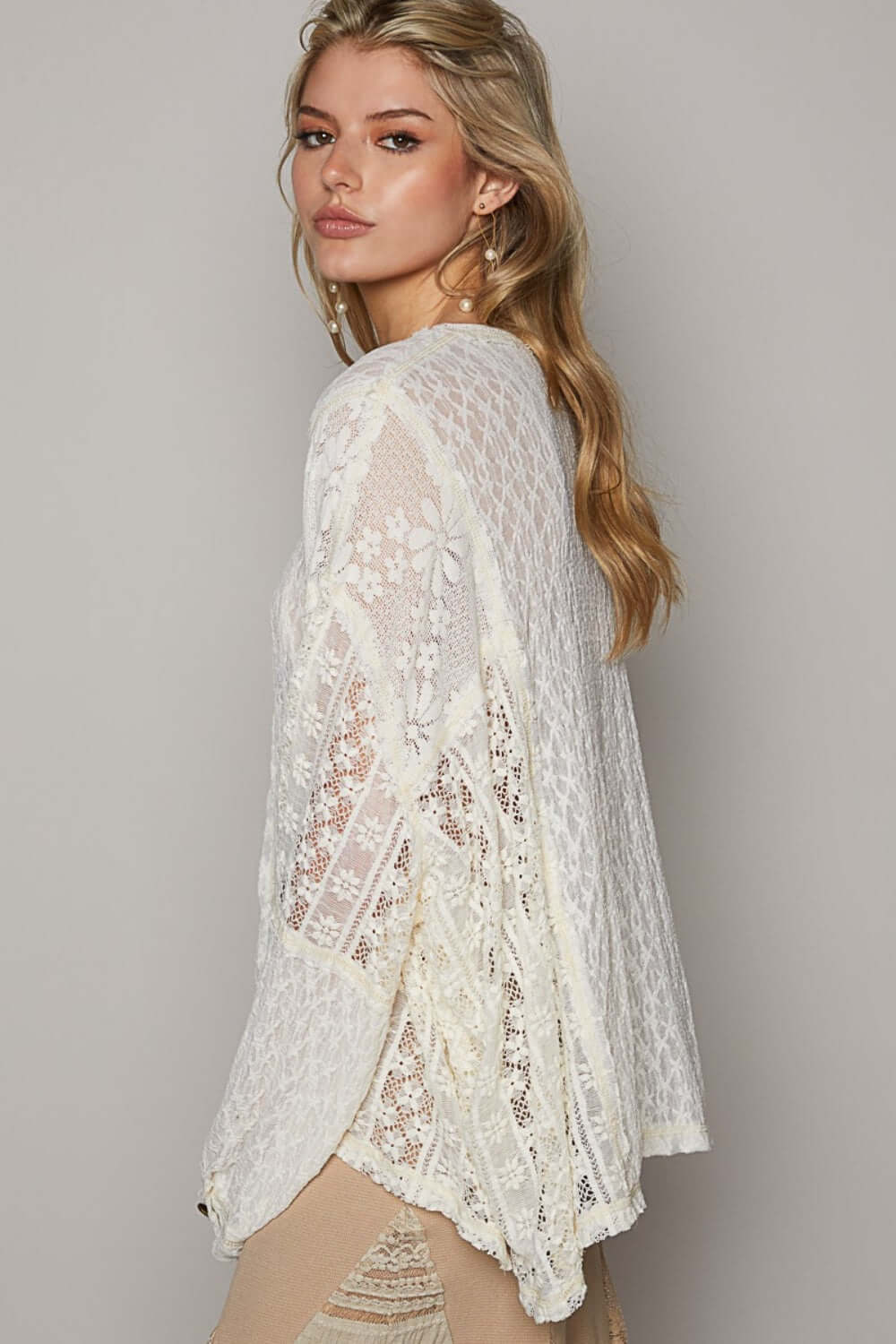 POL Round Neck Long Sleeve Raw Edge Lace Top at Bella Road