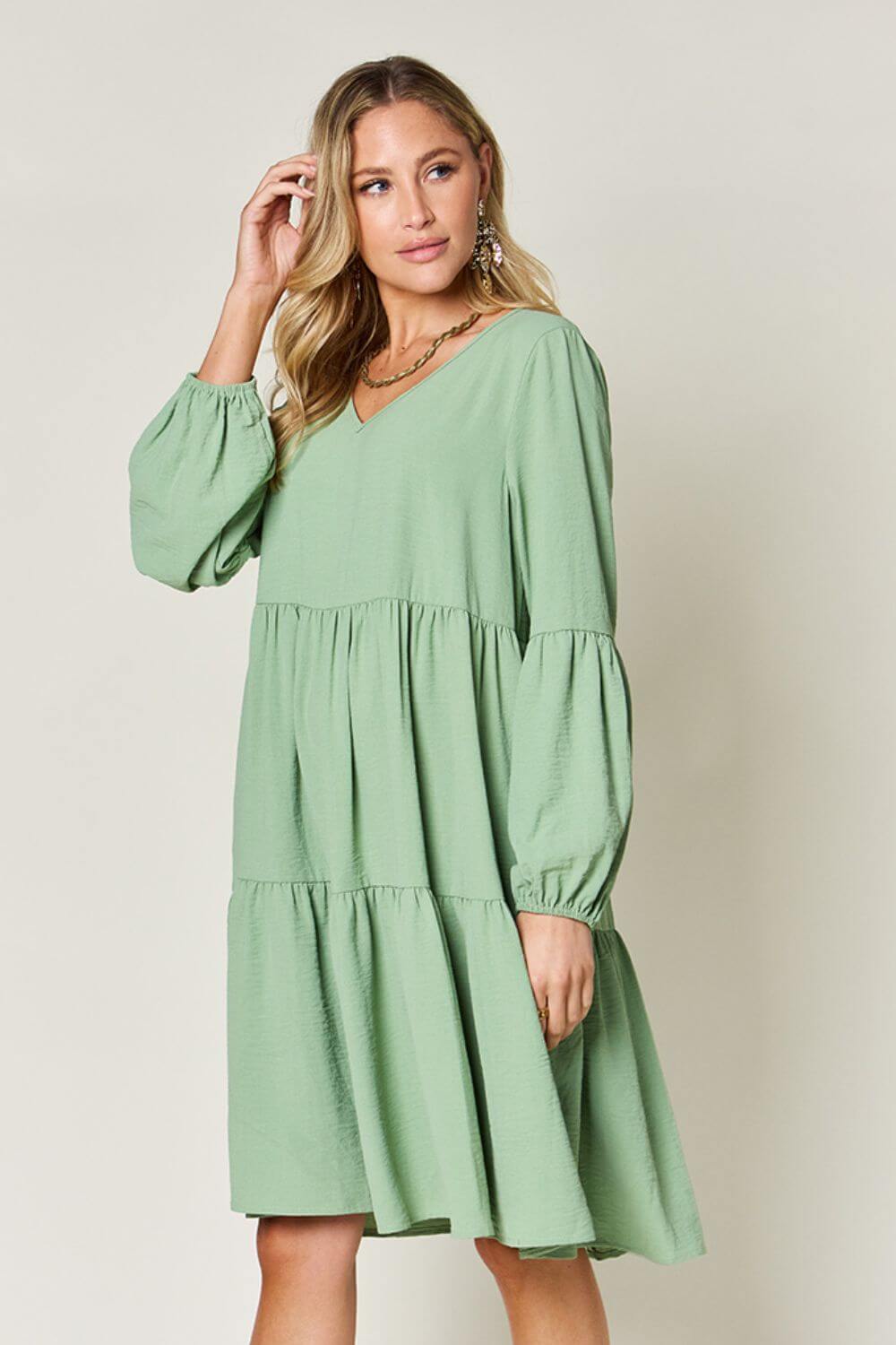 DOUBLE TAKE Full Size V-Neck Balloon Sleeve Tiered Dress at Bella Road