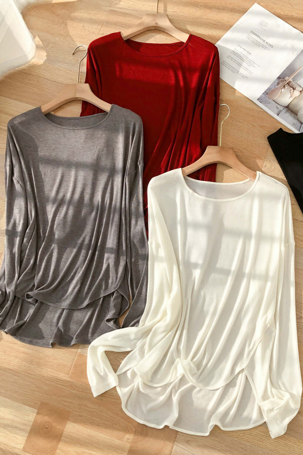 Basic Bae High-Low Long Sleeve T-Shirts in rust, gray, and white - trendy, slightly stretchy, perfect for casual chic style.