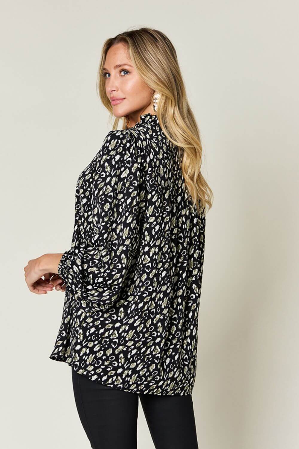 DOUBLE TAKE Full Size Leopard Long Sleeve Blouse at Bella Road