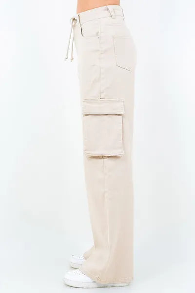 Plus size drawstring wide leg cargo pants in beige, featuring practical cargo pockets for style and comfort.