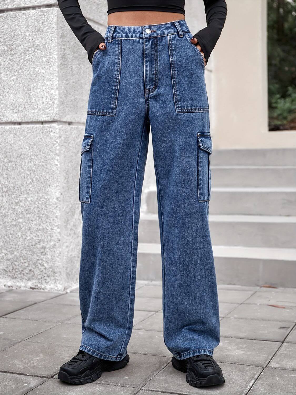 Bella Road high rise straight jeans in medium wash with cargo pockets, styled for a chic and versatile look.