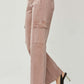 Stylish full size high rise wide leg cargo jeans in pink, featuring cargo pockets and a modern silhouette, paired with black heels.